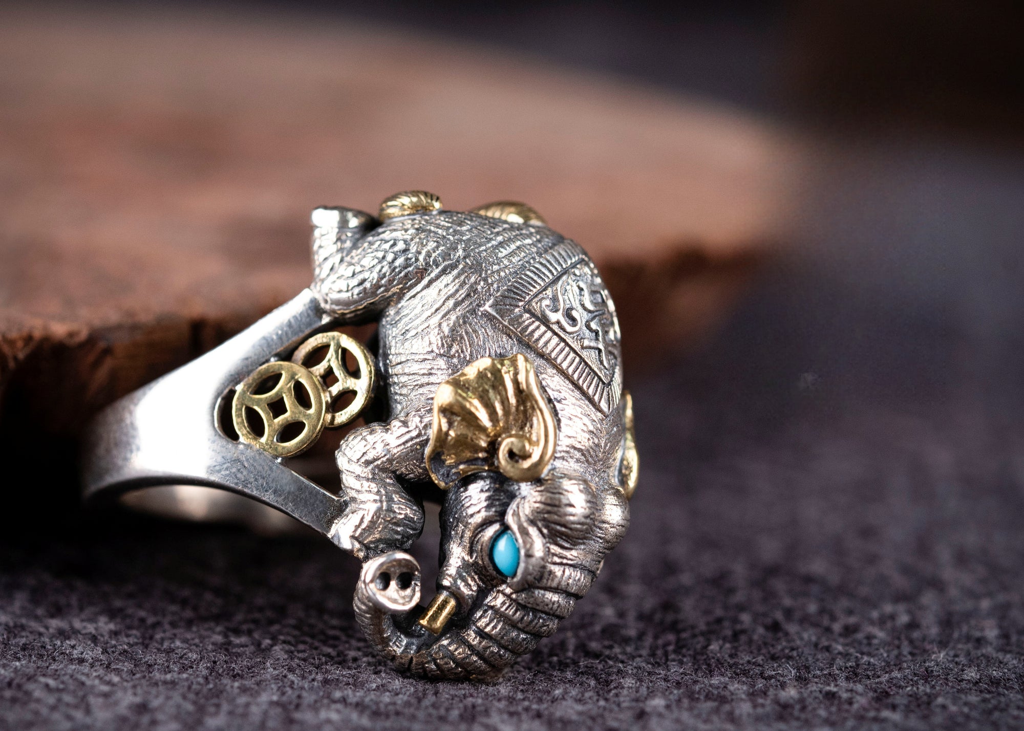 Auspicious Elephant Ring | 925 Silver, Brass & Turquoise