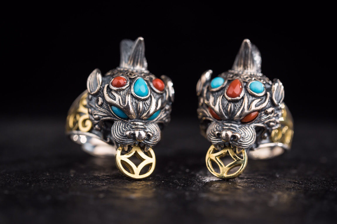 Tibetan Pixiu Wealth Ring | 925 Silver, Turquoise & Gold
