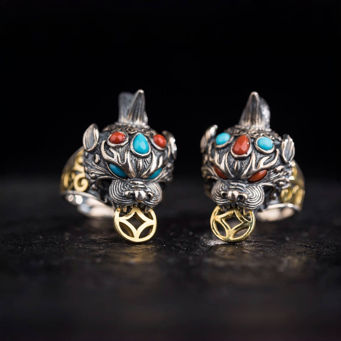 Tibetan Pixiu Wealth Ring | 925 Silver, Turquoise & Gold