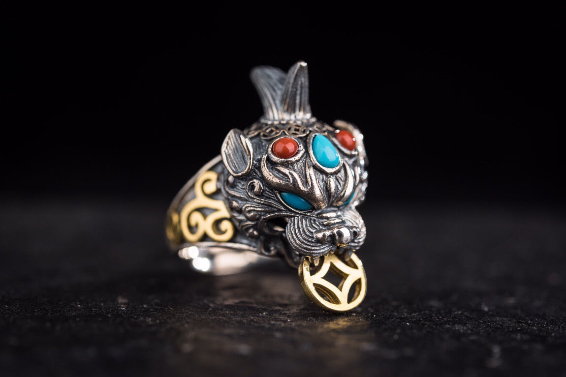 Tibetan Pixiu Wealth Ring | 925 Silver, Turquoise & Gold