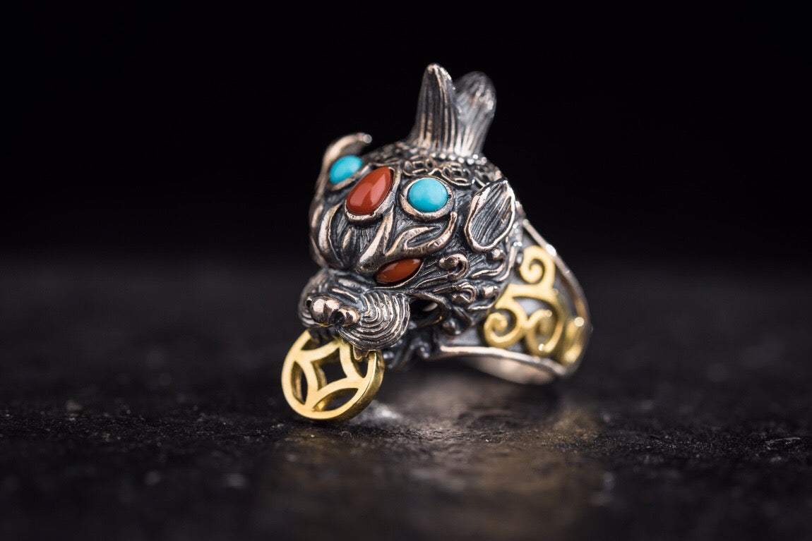 Tibetan Pixiu Wealth Ring | 925 Silver, Turquoise & Gold