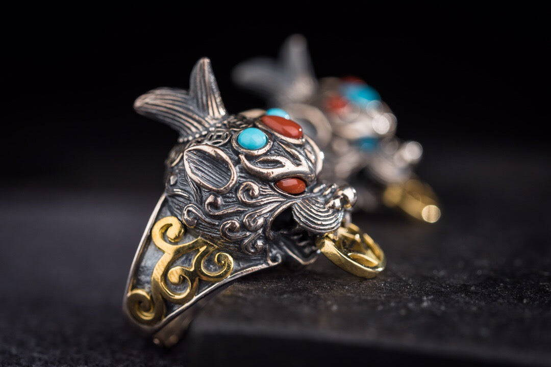 Tibetan Pixiu Wealth Ring | 925 Silver, Turquoise & Gold