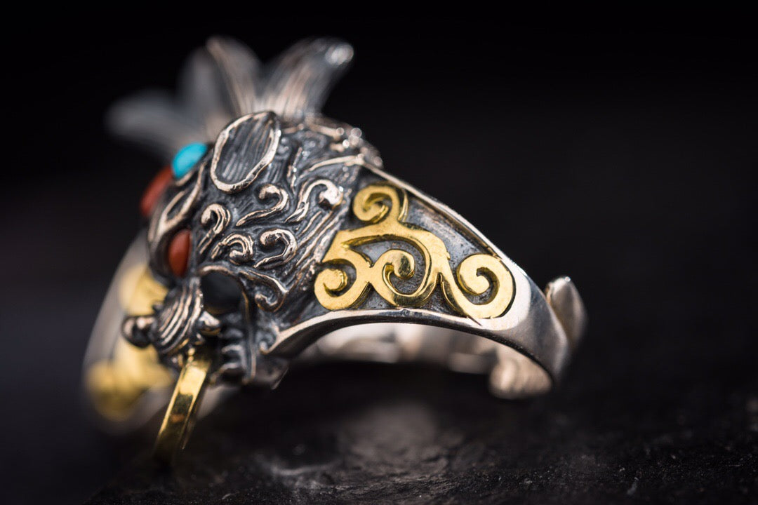 Tibetan Pixiu Wealth Ring | 925 Silver, Turquoise & Gold