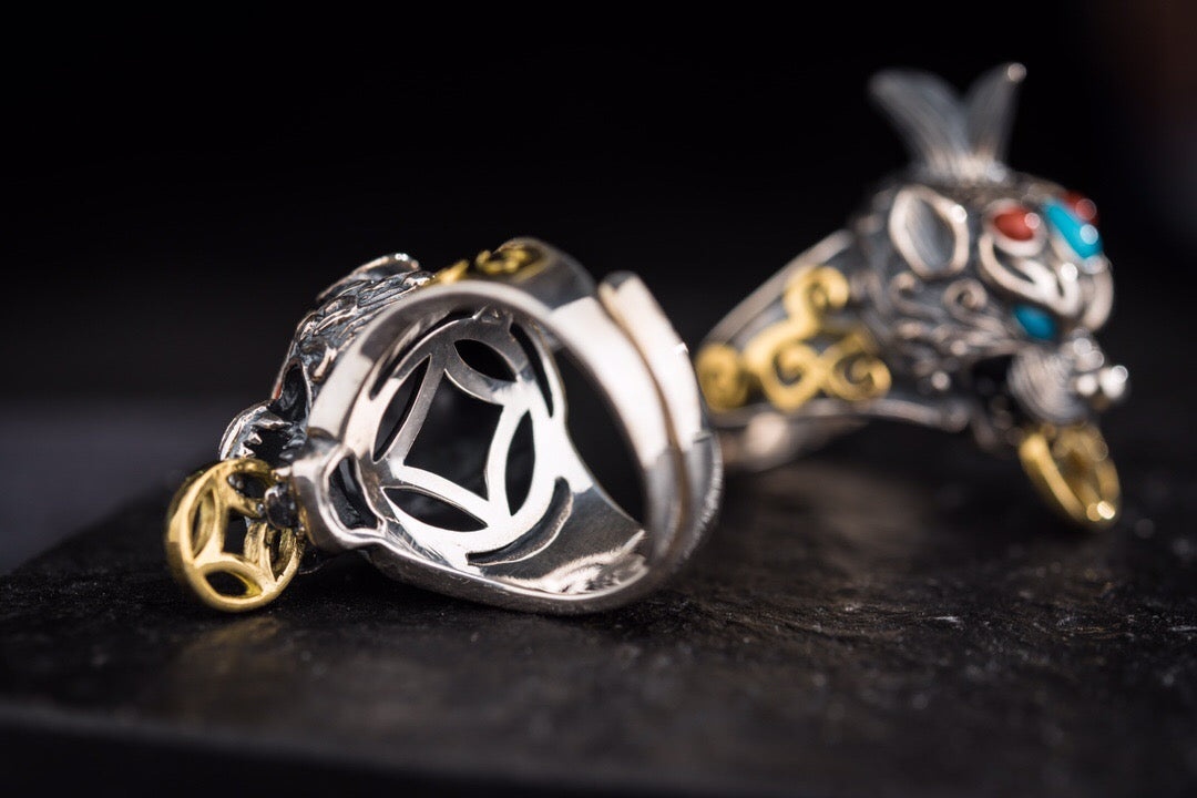 Tibetan Pixiu Wealth Ring | 925 Silver, Turquoise & Gold