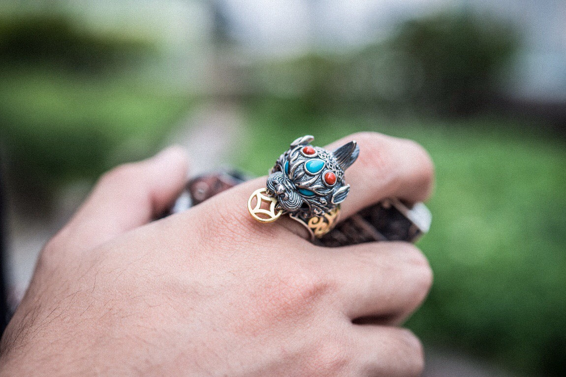 Tibetan Pixiu Wealth Ring | 925 Silver, Turquoise & Gold