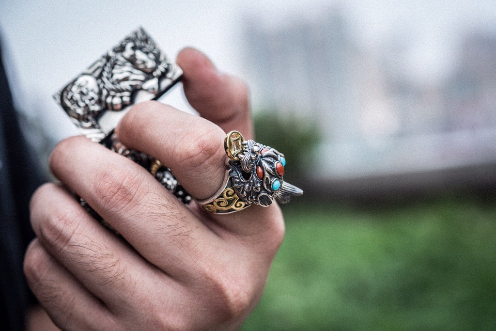 Tibetan Pixiu Wealth Ring | 925 Silver, Turquoise & Gold