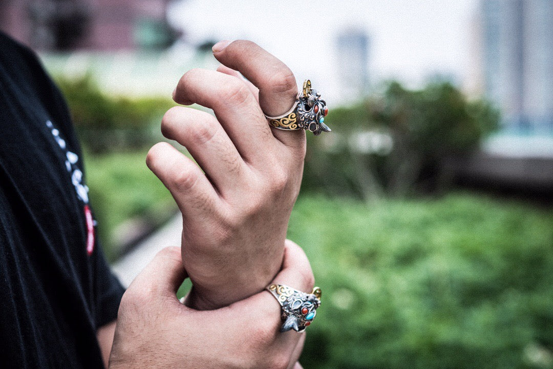 Tibetan Pixiu Wealth Ring | 925 Silver, Turquoise & Gold