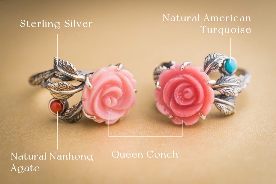 Queen Conch Rose Ring | 925 Silver, Turquoise / Red Agate