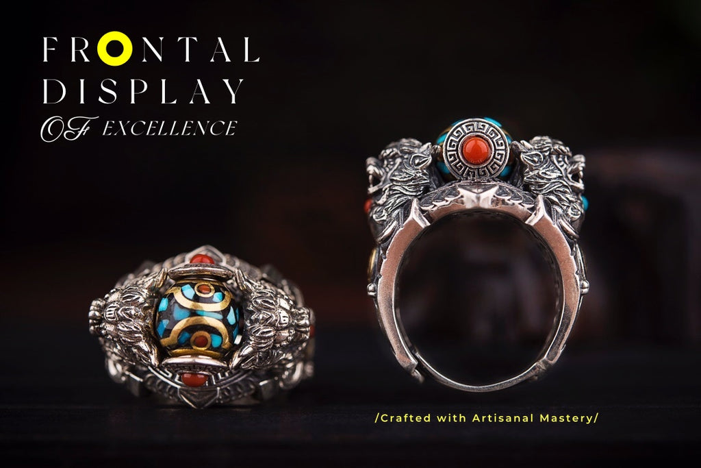 Tibetan Snow‑Lion Spinner Ring | 925 Silver, Dzi & Agate