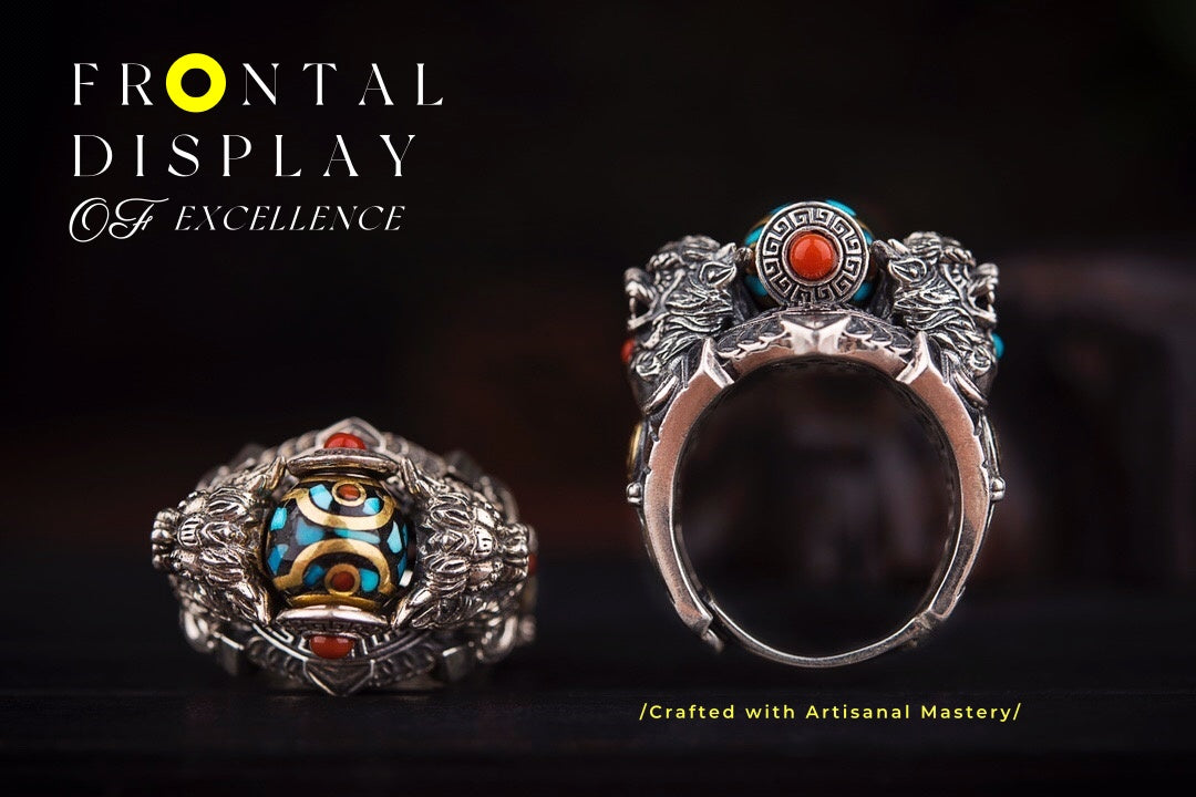 Tibetan Snow‑Lion Spinner Ring | 925 Silver, Dzi & Agate