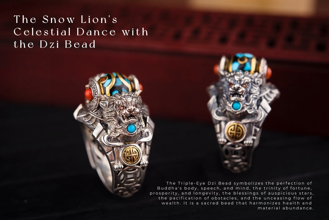 Tibetan Snow‑Lion Spinner Ring | 925 Silver, Dzi & Agate