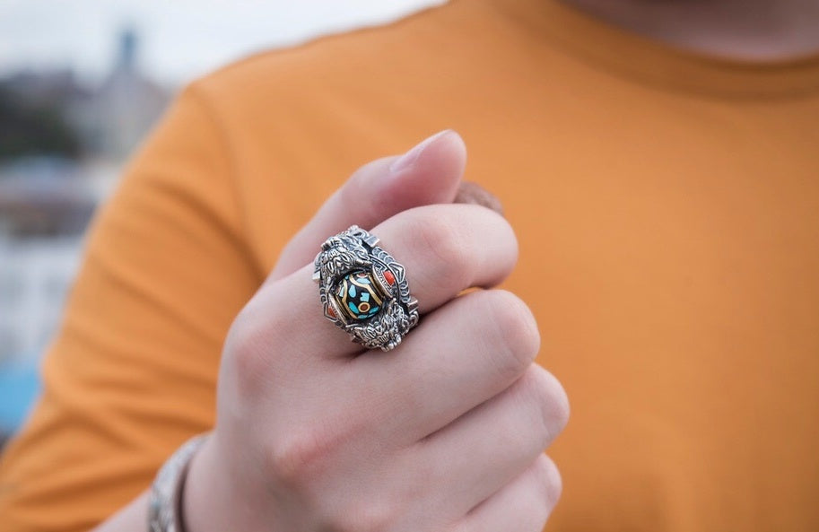 Tibetan Snow‑Lion Spinner Ring | 925 Silver, Dzi & Agate