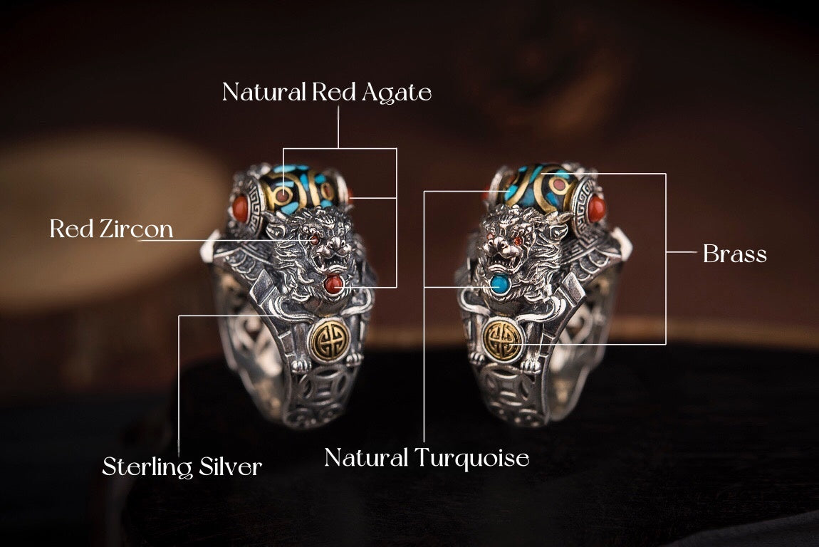 Tibetan Snow‑Lion Spinner Ring | 925 Silver, Dzi & Agate