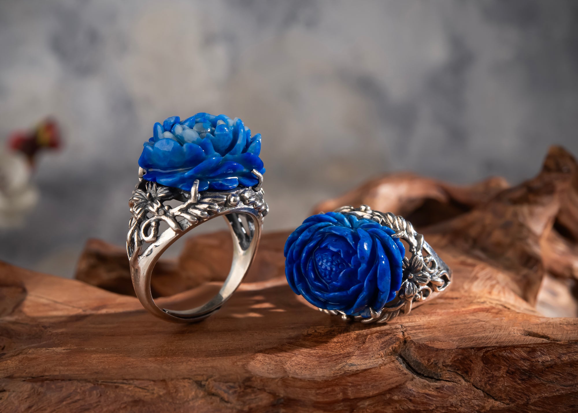 Peony of Lhasa Ring | Carved Lapis Lazuli & 925 Silver