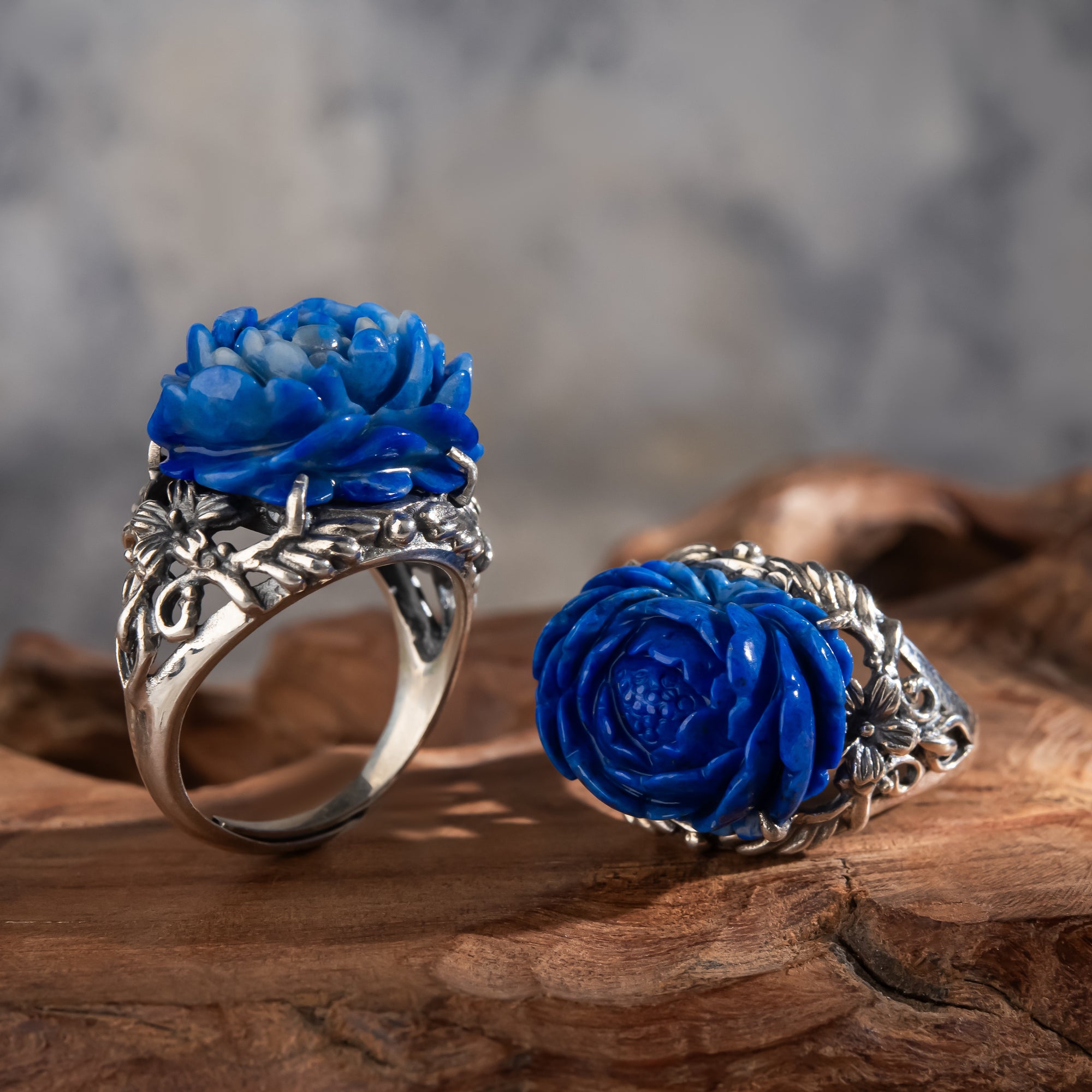 Peony of Lhasa Ring | Carved Lapis Lazuli & 925 Silver
