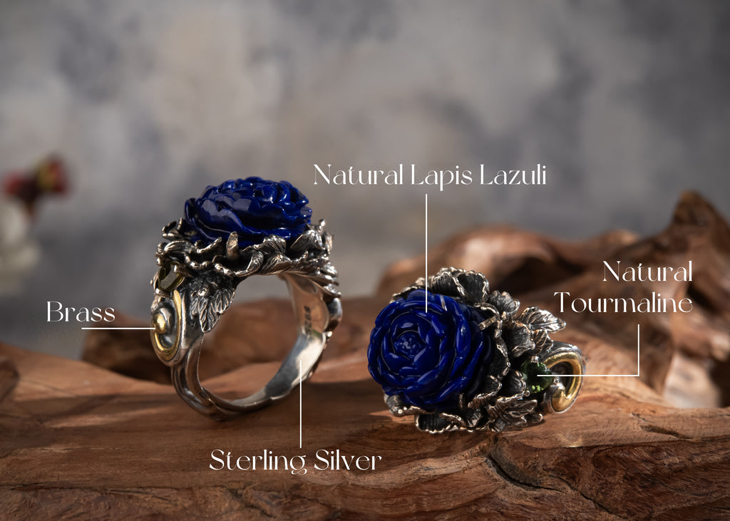 Peony of Lhasa Ring | Carved Lapis Lazuli & 925 Silver