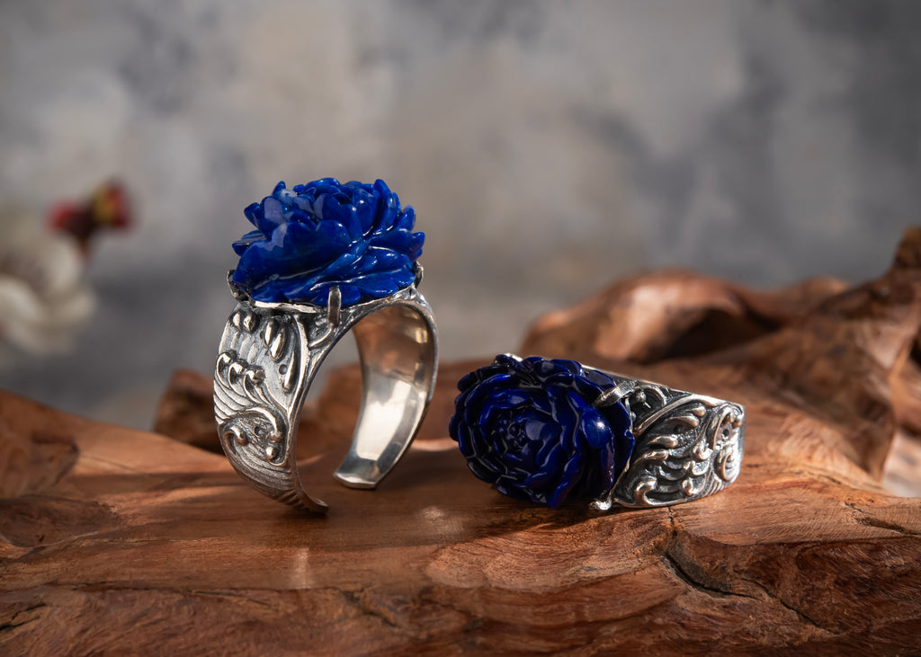 Peony of Lhasa Ring | Carved Lapis Lazuli & 925 Silver