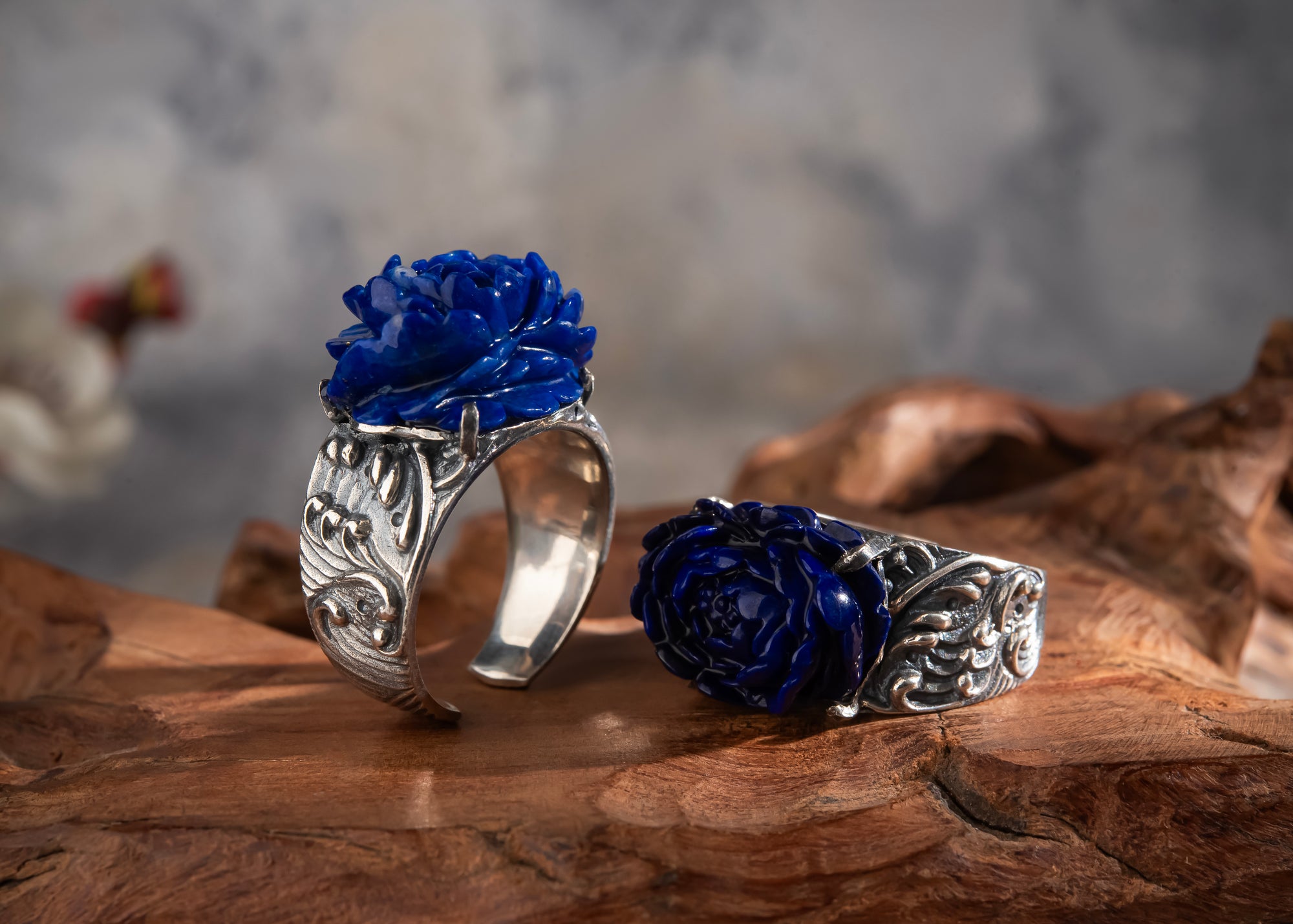 Peony of Lhasa Ring | Carved Lapis Lazuli & 925 Silver