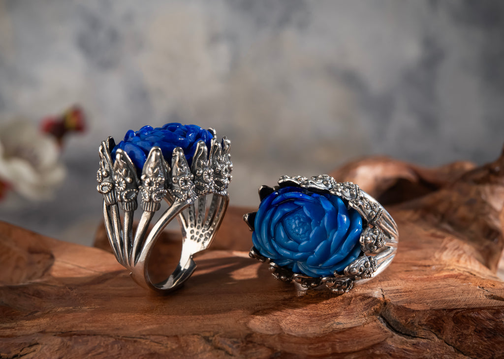 Peony of Lhasa Ring | Carved Lapis Lazuli & 925 Silver