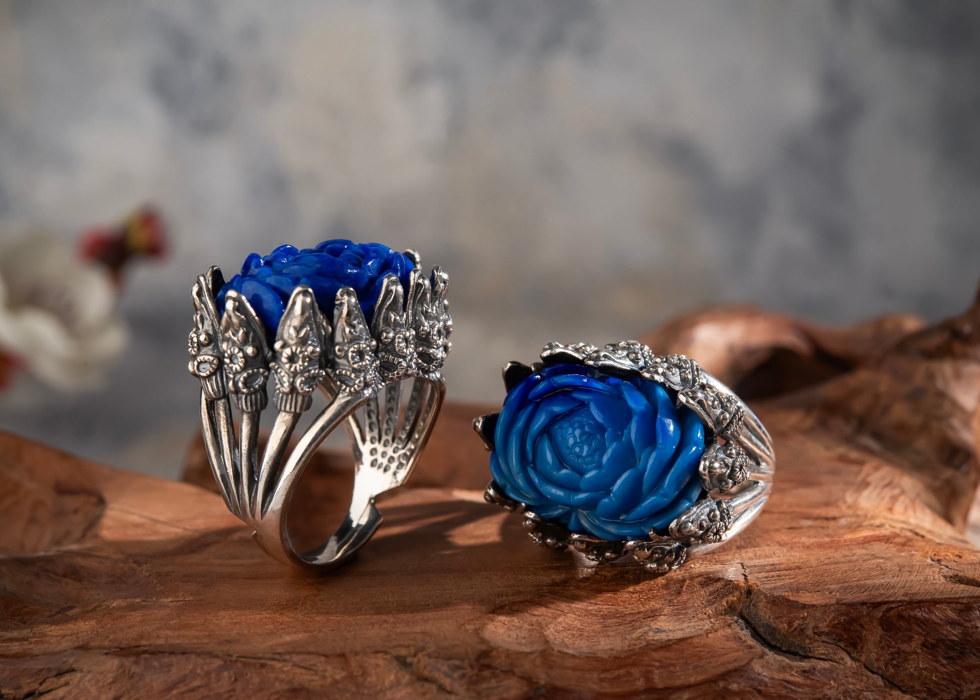 Peony of Lhasa Ring | Carved Lapis Lazuli & 925 Silver