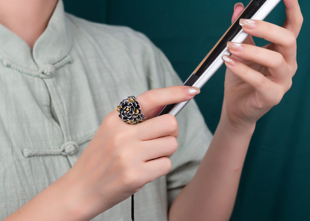 Tibetan Peony Blossom Ring | 990 Silver & Tourmaline