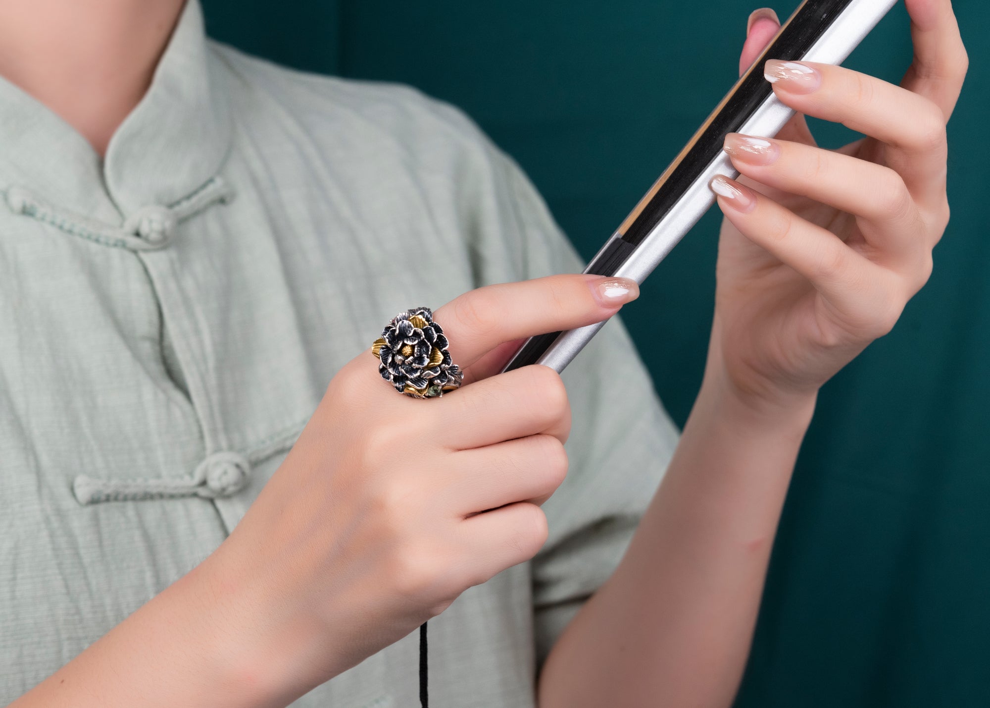 Tibetan Peony Blossom Ring | 990 Silver & Tourmaline