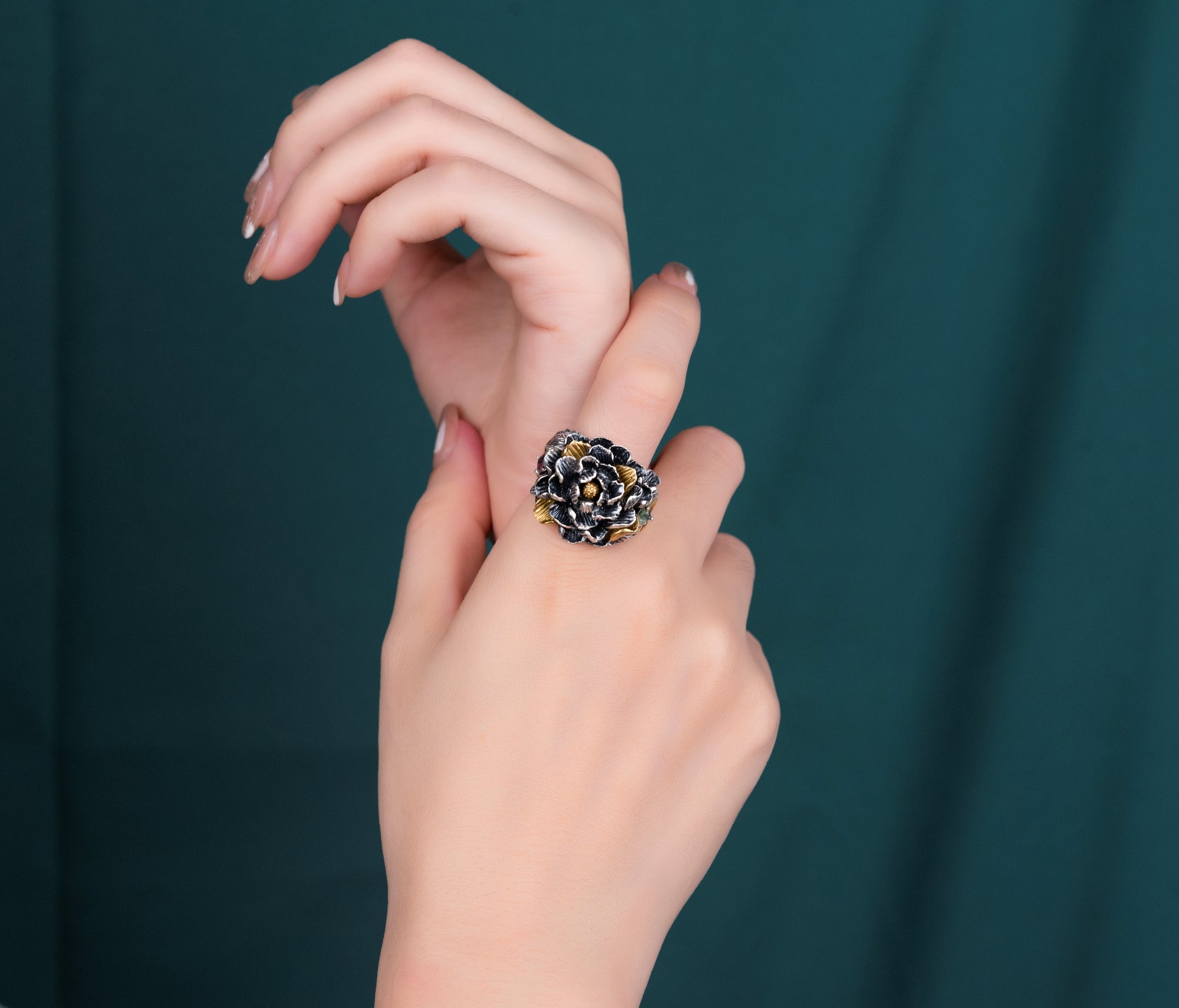 Tibetan Peony Blossom Ring | 990 Silver & Tourmaline