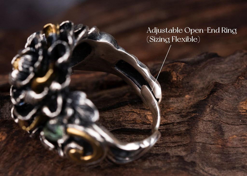 Tibetan Peony Blossom Ring | 990 Silver & Tourmaline