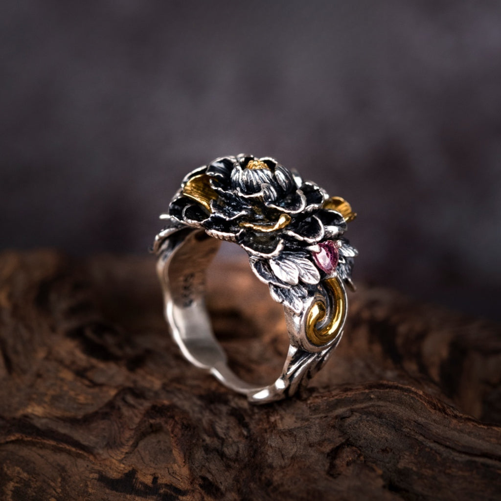 Tibetan Peony Blossom Ring | 990 Silver & Tourmaline