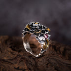 Tibetan Peony Blossom Ring | 990 Silver & Tourmaline