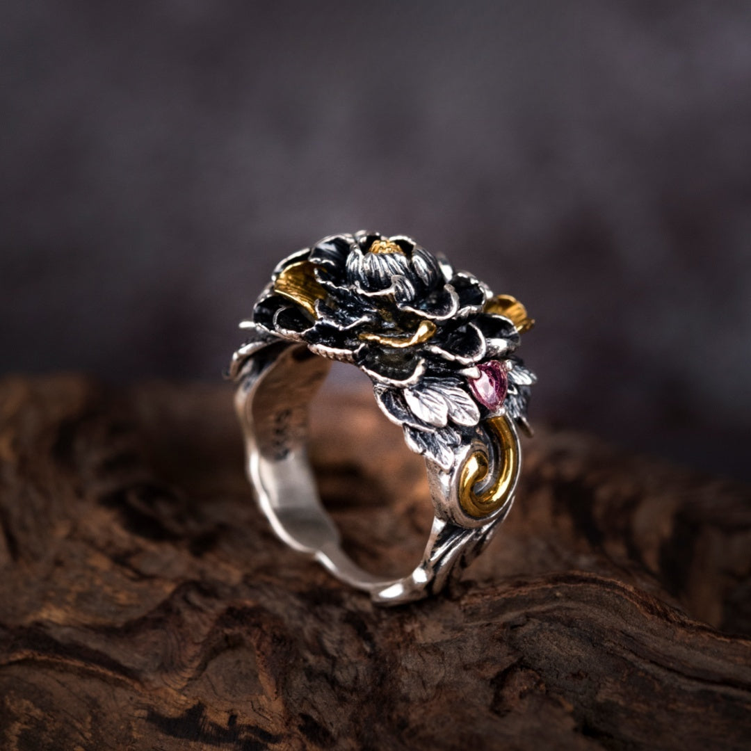 Tibetan Peony Blossom Ring | 990 Silver & Tourmaline