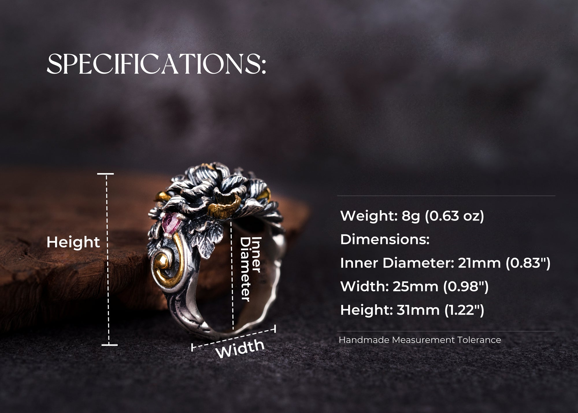 Tibetan Peony Blossom Ring | 990 Silver & Tourmaline