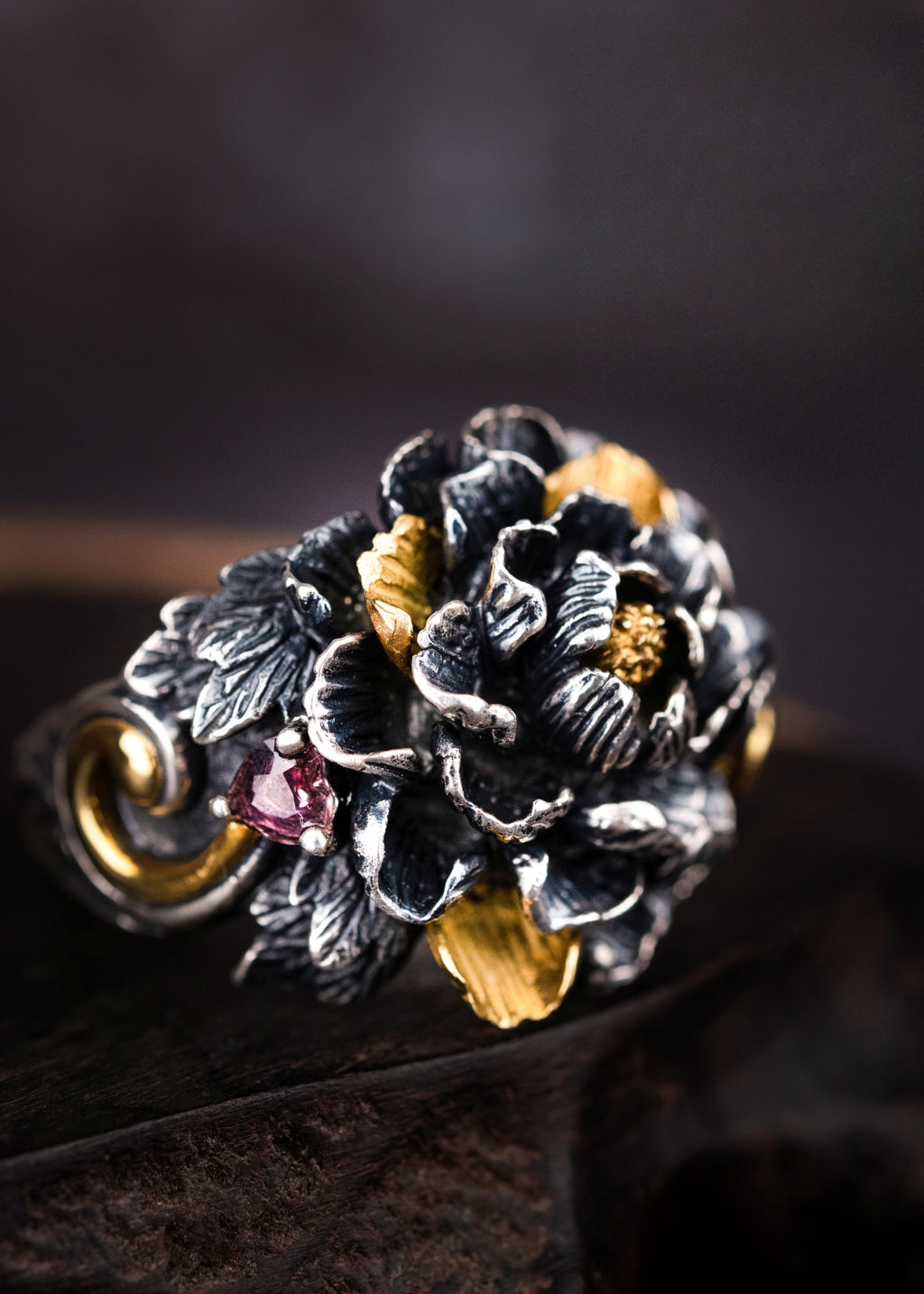 Tibetan Peony Blossom Ring | 990 Silver & Tourmaline