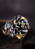 Tibetan Peony Blossom Ring | 990 Silver & Tourmaline