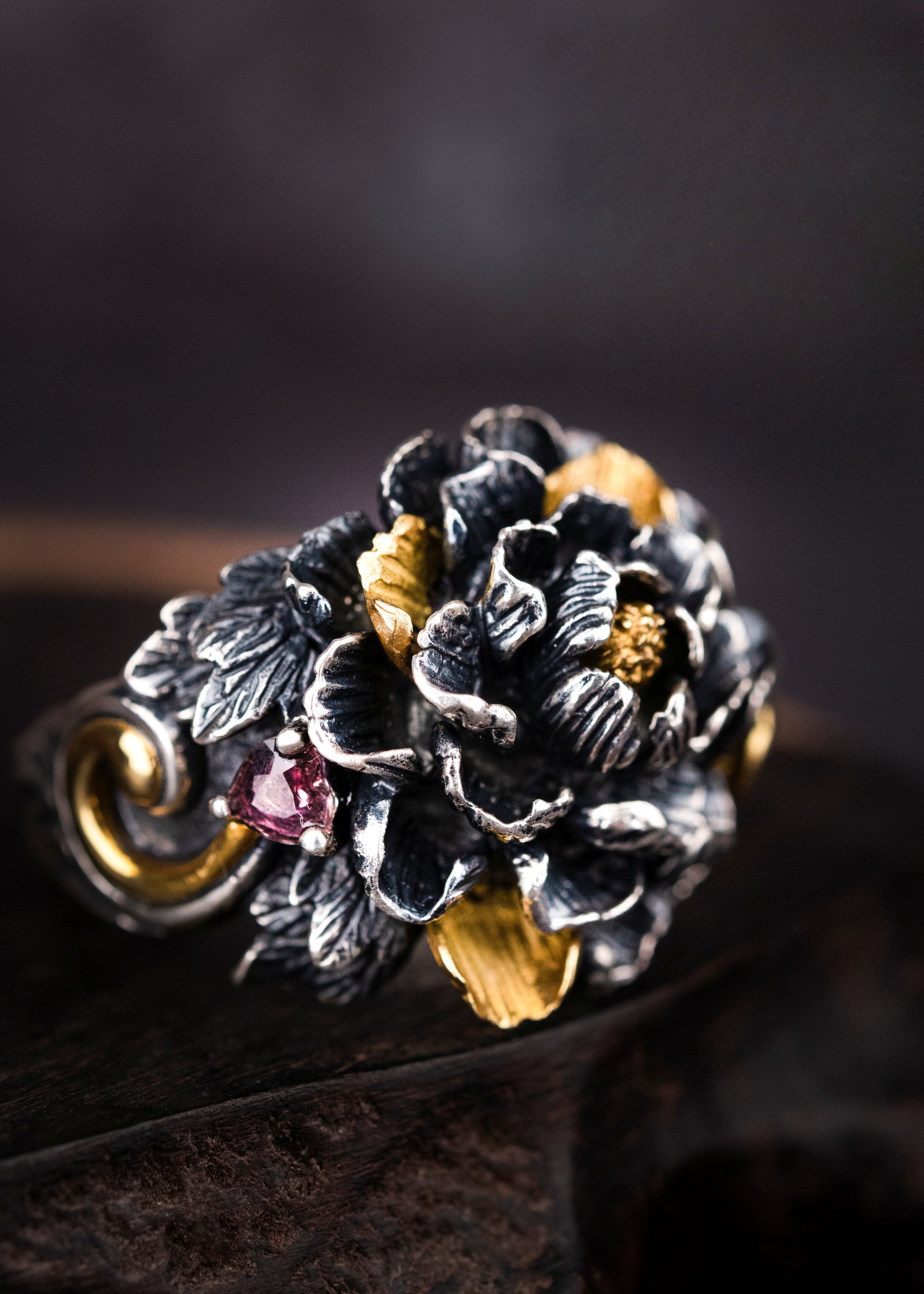 Tibetan Peony Blossom Ring | 990 Silver & Tourmaline