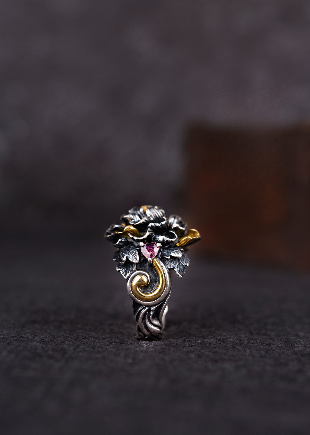 Tibetan Peony Blossom Ring | 990 Silver & Tourmaline