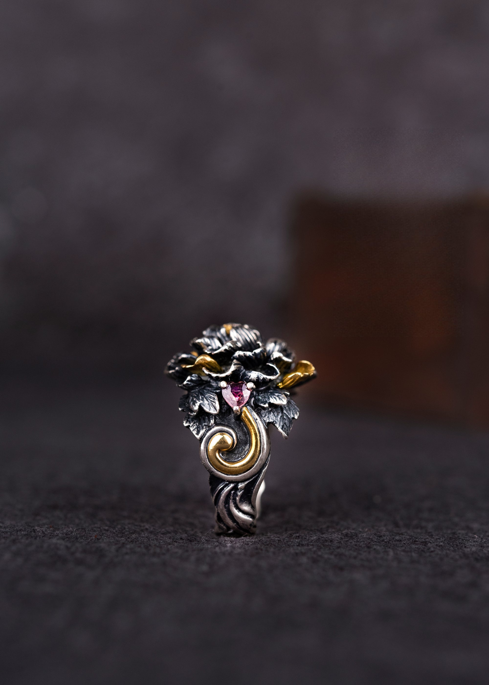 Tibetan Peony Blossom Ring | 990 Silver & Tourmaline