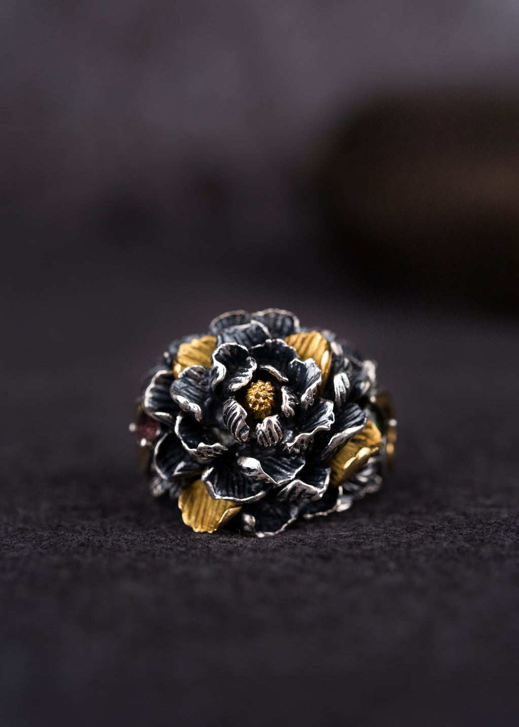 Tibetan Peony Blossom Ring | 990 Silver & Tourmaline
