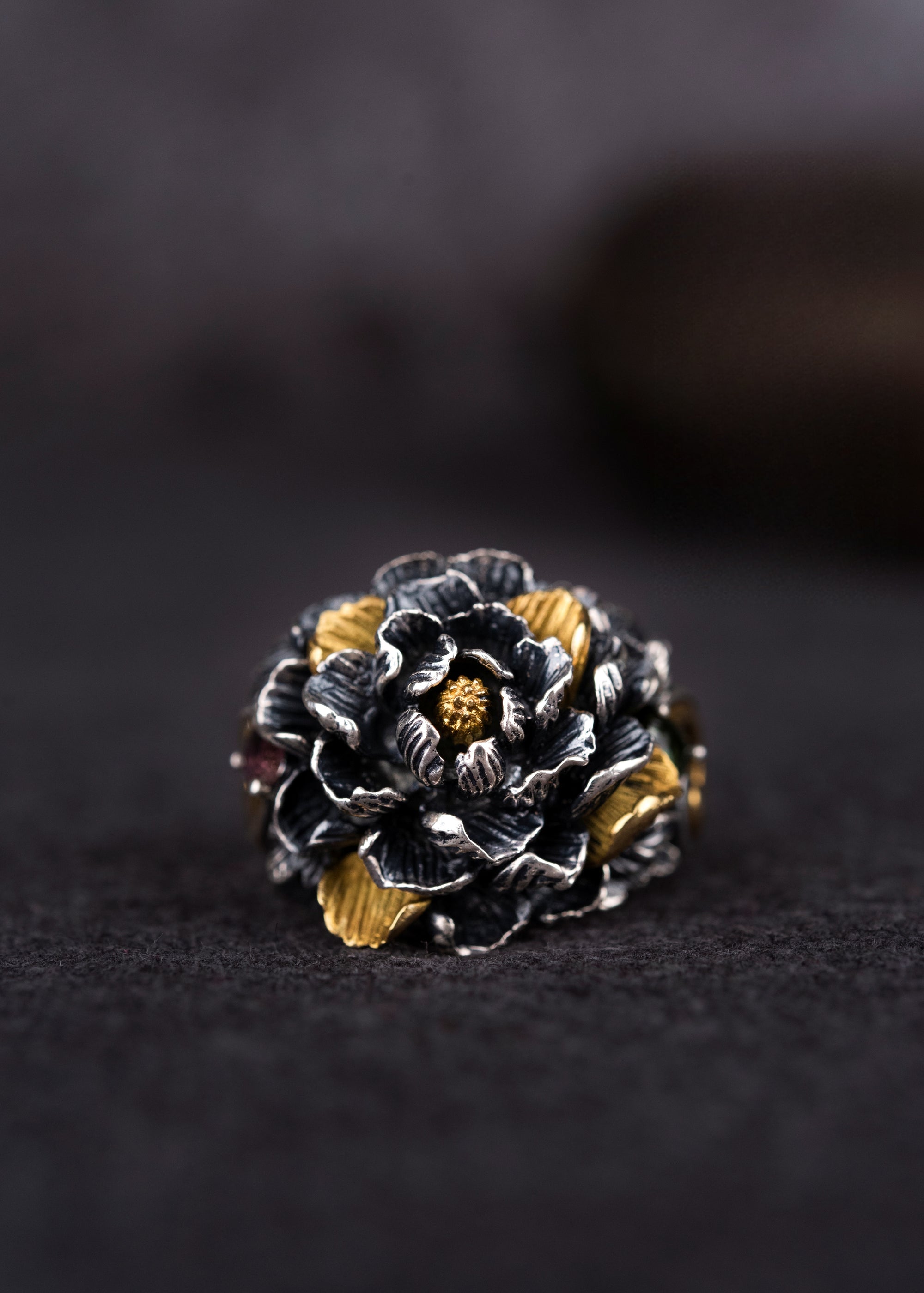 Tibetan Peony Blossom Ring | 990 Silver & Tourmaline