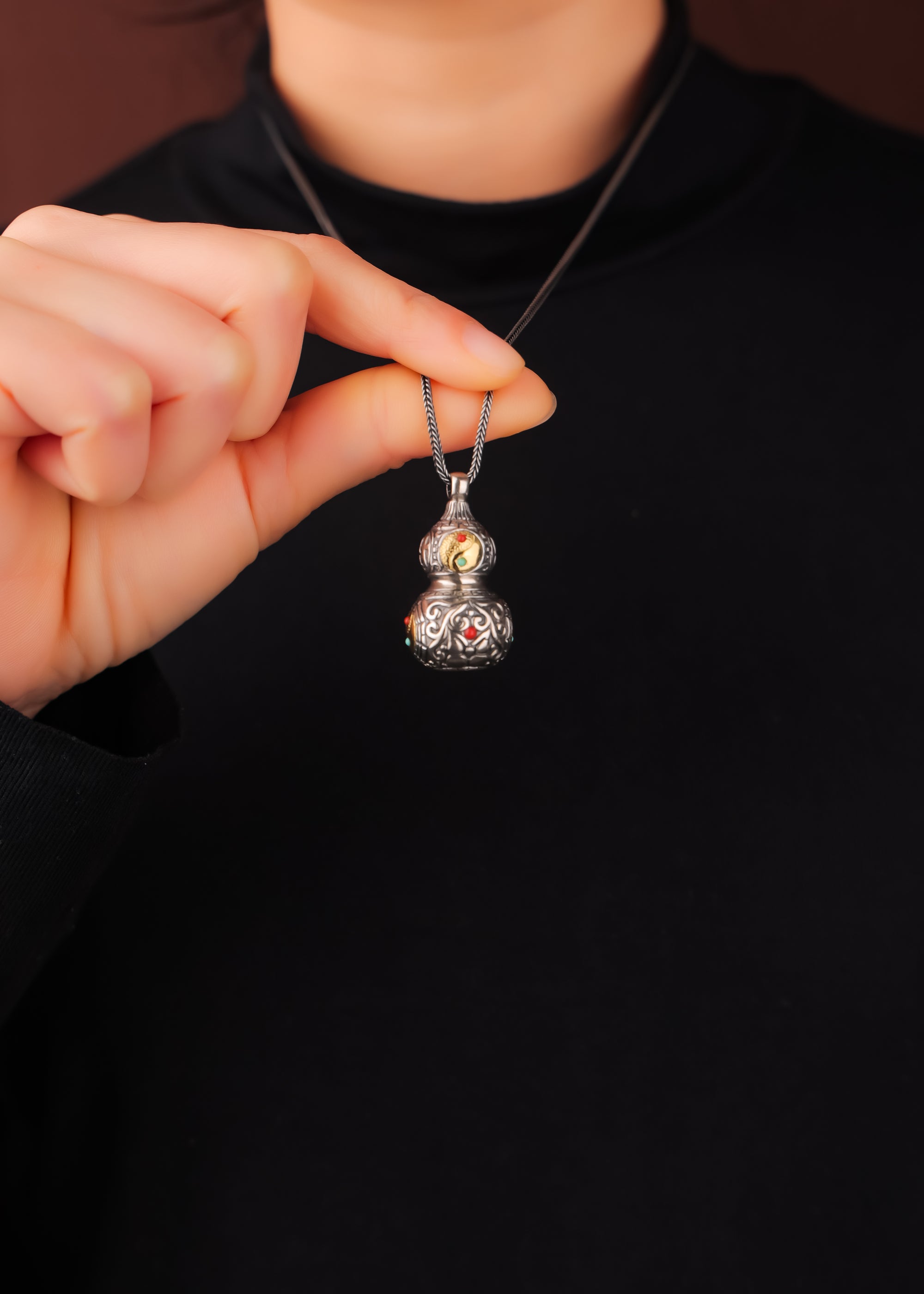 Tibetan Gourd Pendant | Sterling Silver, Brass & Agate Luck Charm