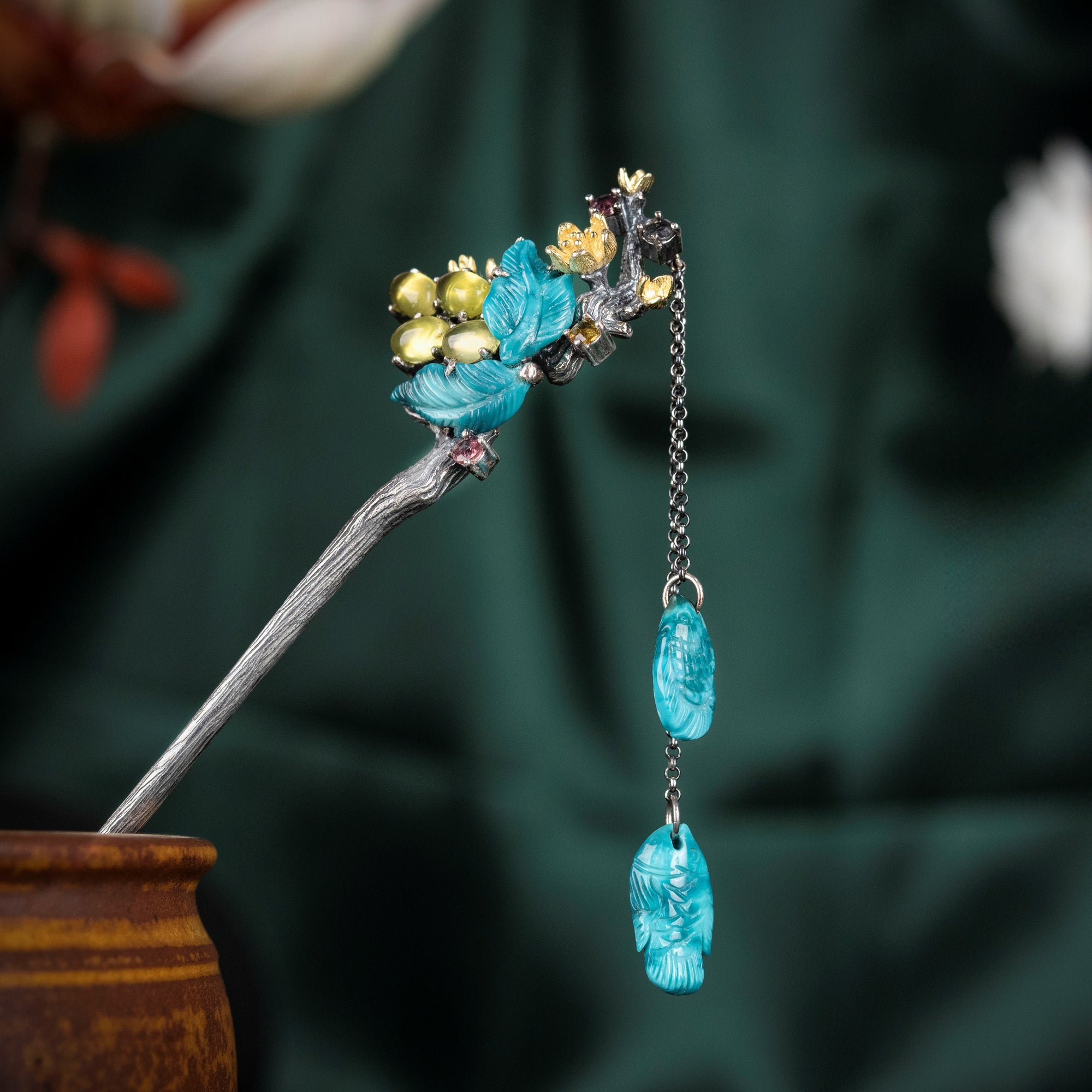 Grapevine Pisces Hairpin | Sterling Silver & Prehnite Drops