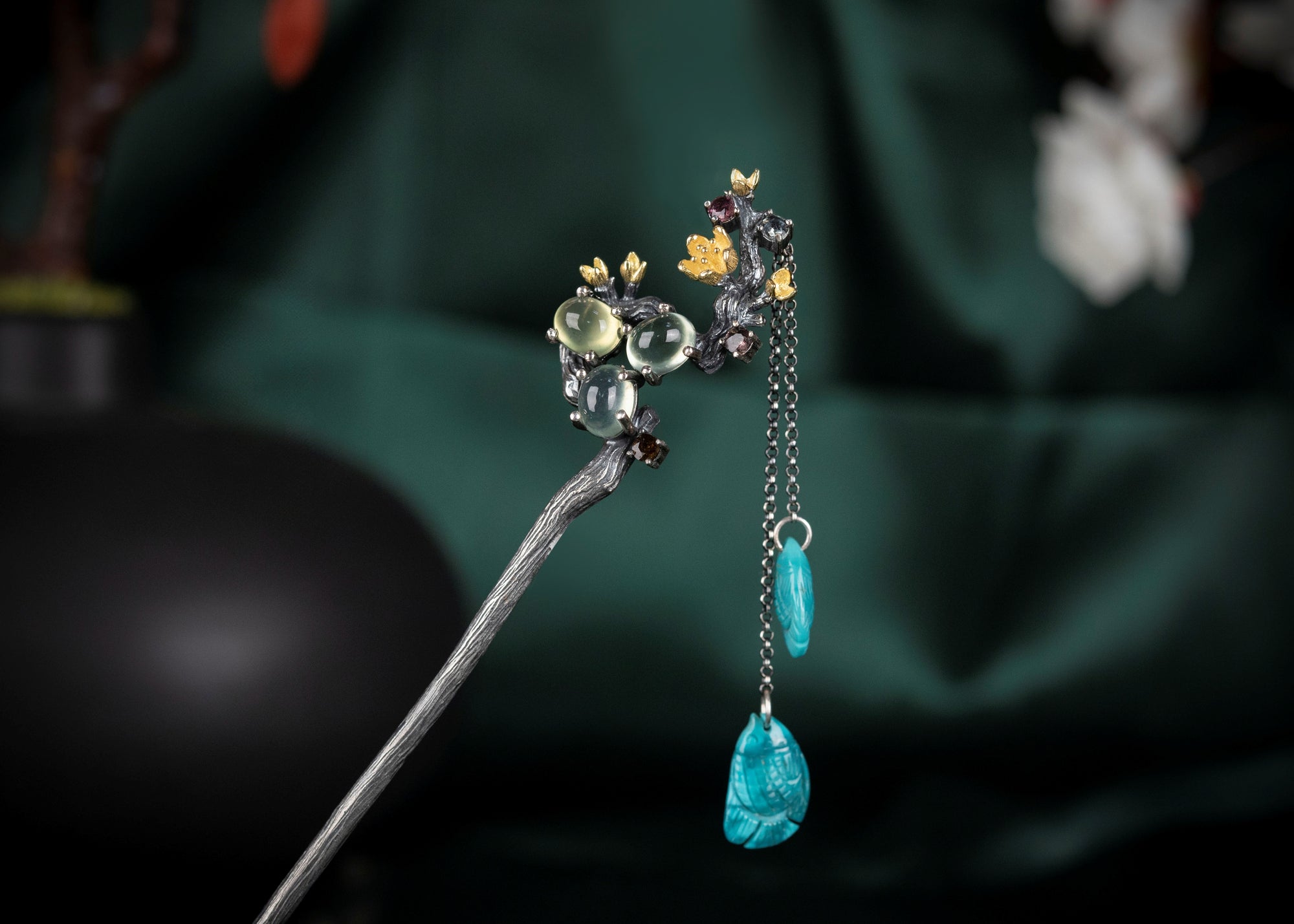 Grapevine Pisces Hairpin | Sterling Silver & Prehnite Drops