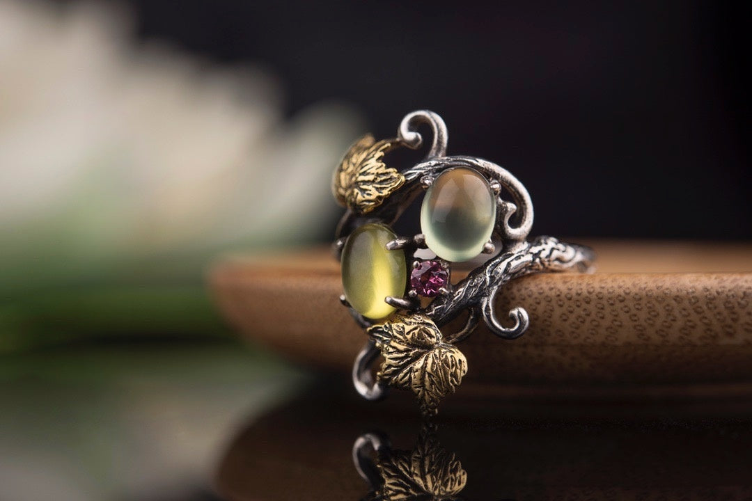 Hope Stone Prehnite Vine Ring | 925 Silver & Tourmaline