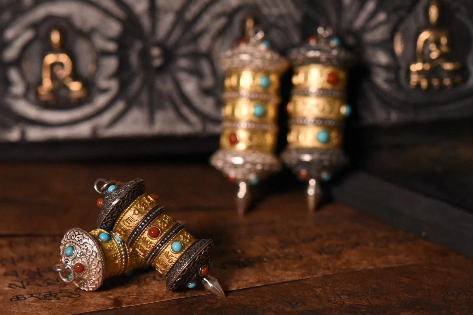 Tibetan Prayer Wheel Spinner Pendant | Sterling Silver, Turquoise & Agate
