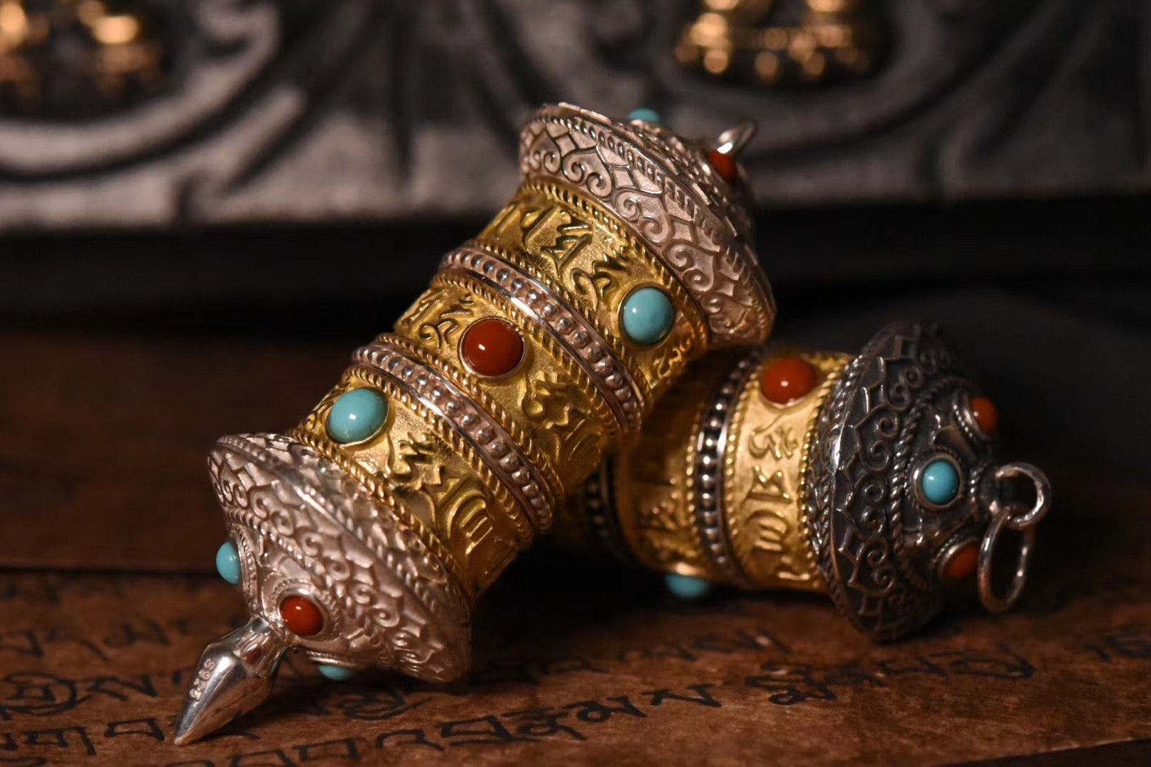 Tibetan Prayer Wheel Spinner Pendant | Sterling Silver, Turquoise & Agate