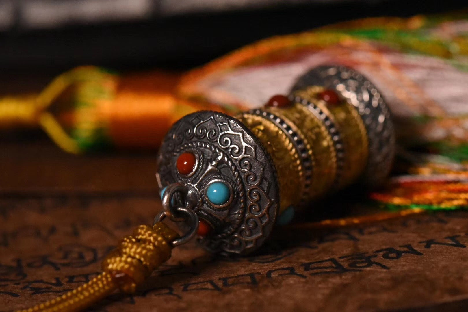 Tibetan Prayer Wheel Spinner Pendant | Sterling Silver, Turquoise & Agate