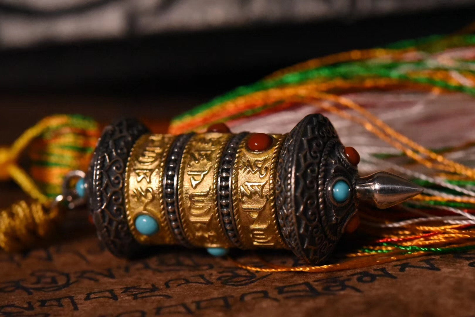 Tibetan Prayer Wheel Spinner Pendant | Sterling Silver, Turquoise & Agate