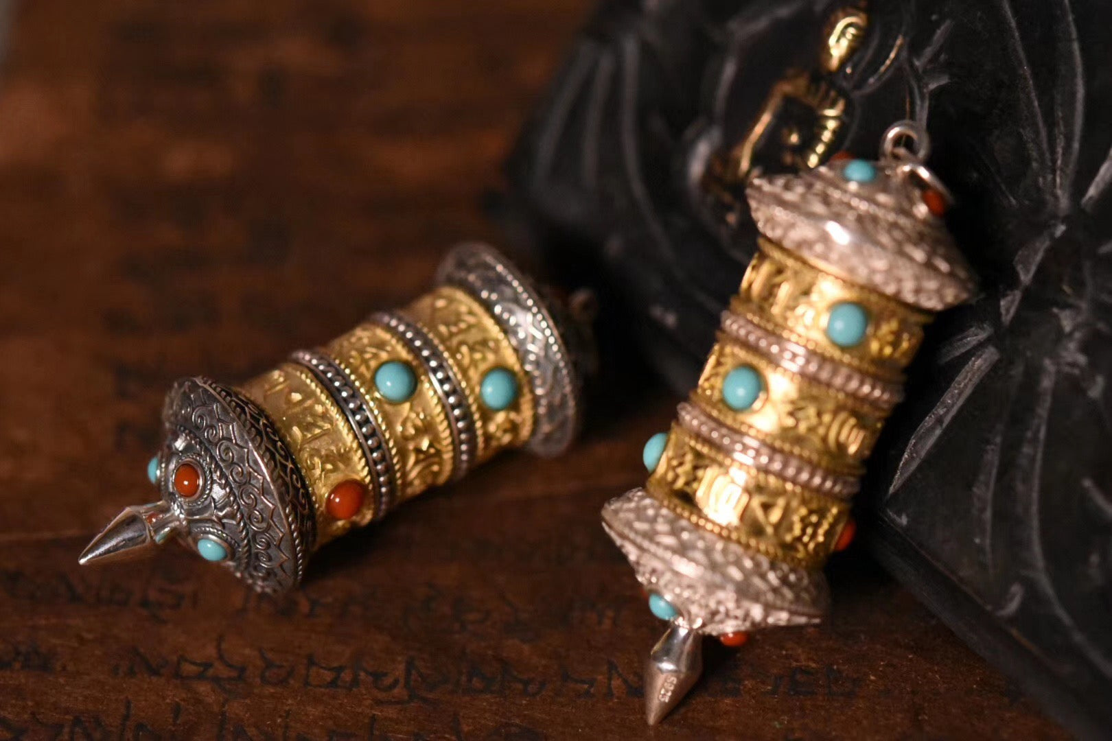 Tibetan Prayer Wheel Spinner Pendant | Sterling Silver, Turquoise & Agate