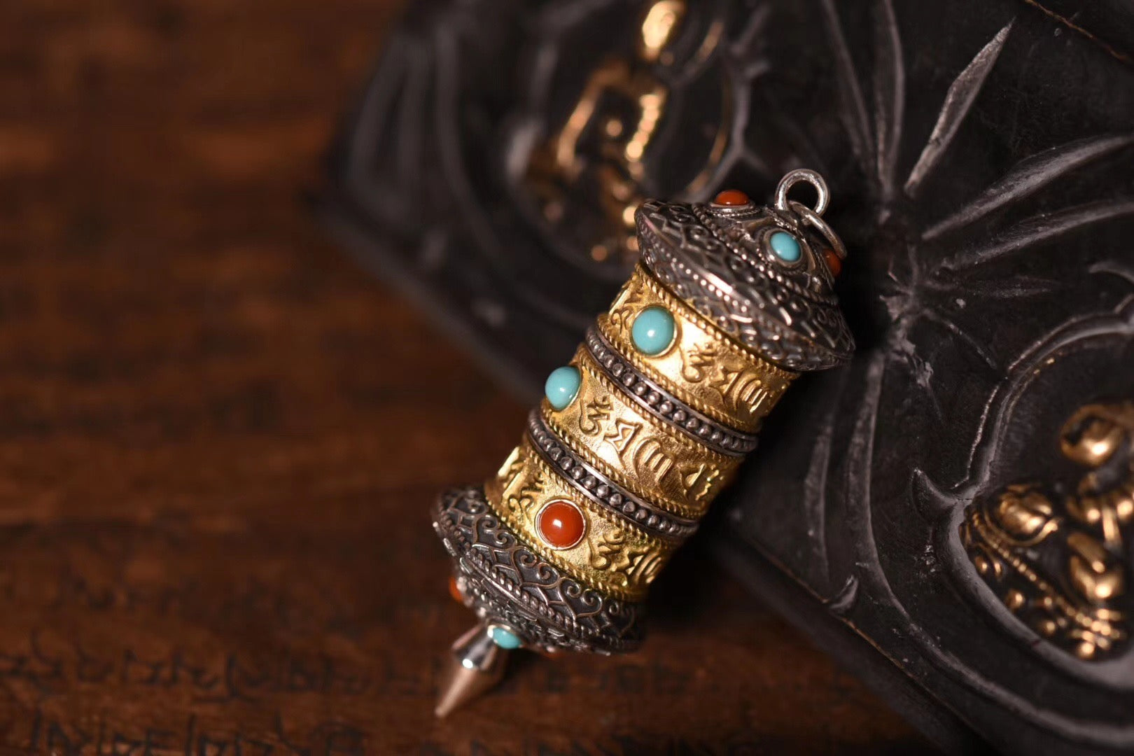 Tibetan Prayer Wheel Spinner Pendant | Sterling Silver, Turquoise & Agate