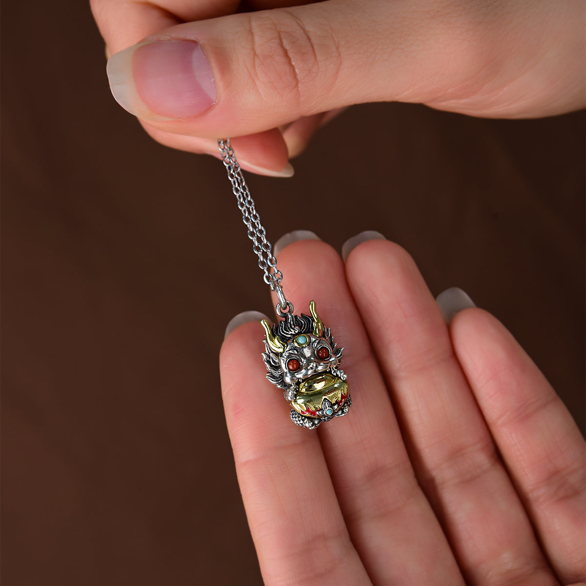 Qilin Fortune Gourd Pendant | Sterling-Silver Gemstone Charm